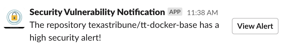 Slack message that notifies the team about a high security alert