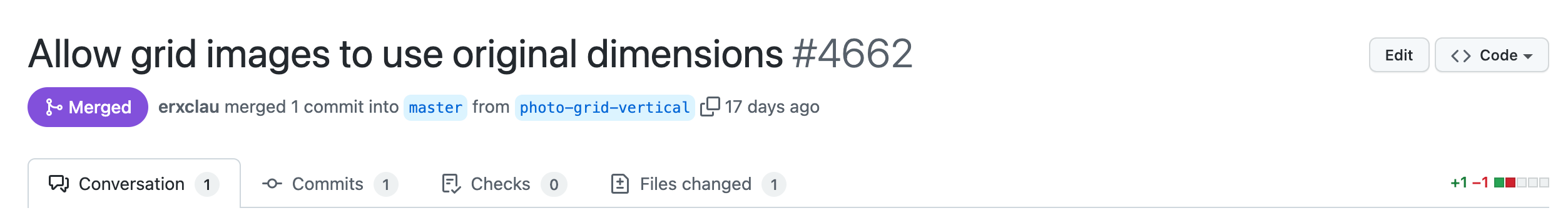 The header of a GitHub pull request changing one line of code.