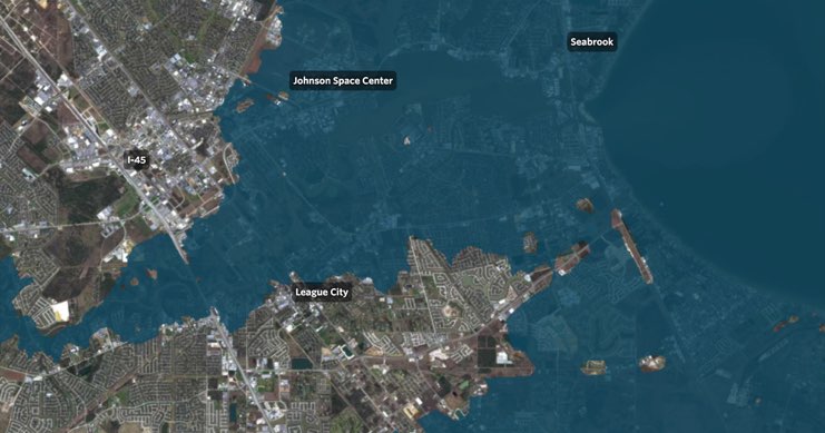 Map showing potential water levels of flooding in Houston suburbs, Seabrook, League City, and Clear Lake home to Johnson Space Center